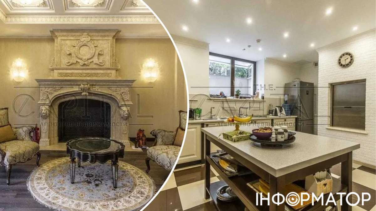 Важкий класичний камін з гербом та левами співіснує з легенькою повітряною кухнею у прованському стилі