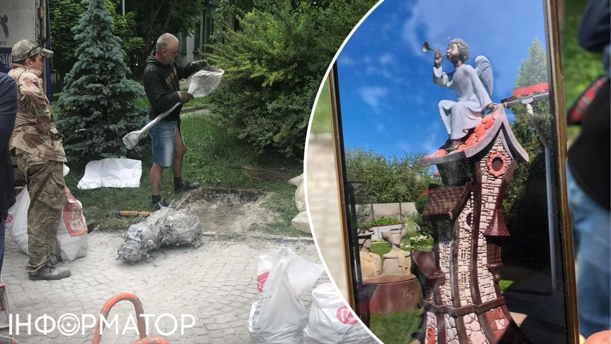 Робітники під час демонтажу та нова версія скульптури з янголом, яку показали Скритуцькому представники ГО Робітники під час демонтажу та нова версія скульптури з янголом, яку показали Скритуцькому представники ГО