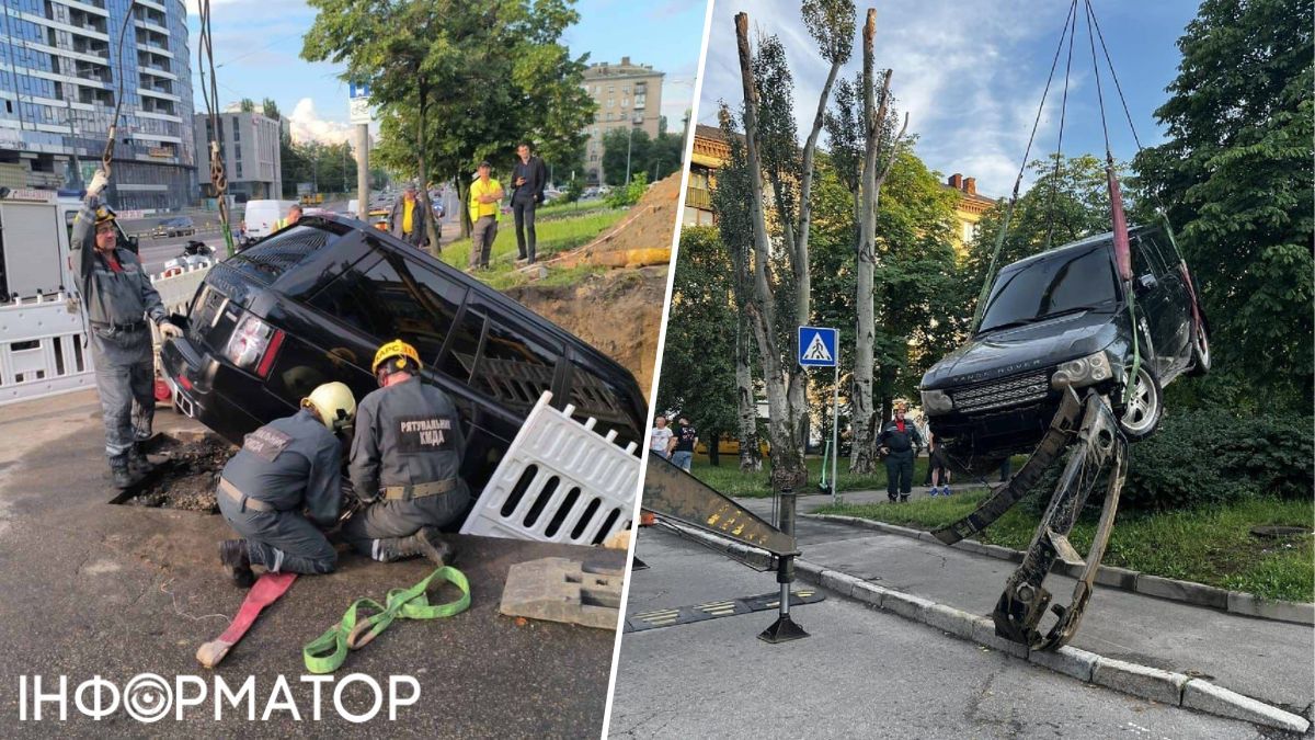 В центре Киева внедорожник упал в огромную яму с водой: как его спасали — фото