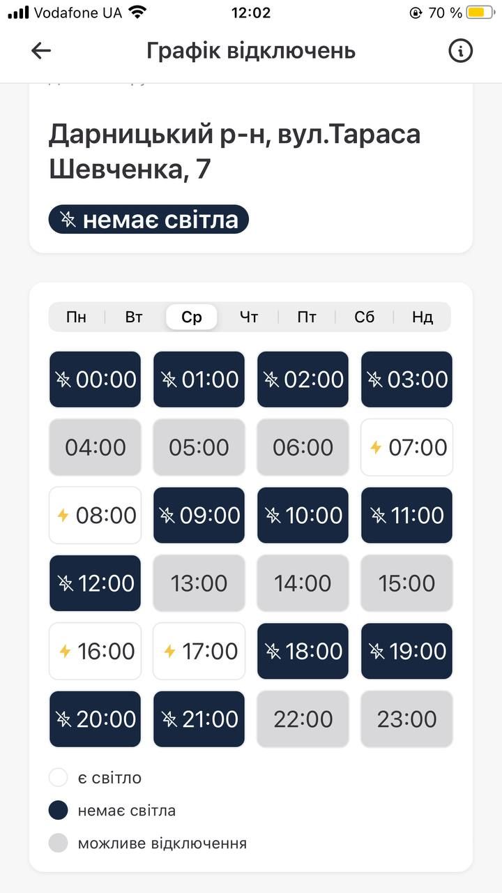 Детальный график отключения света в приложении Киев Цифровой