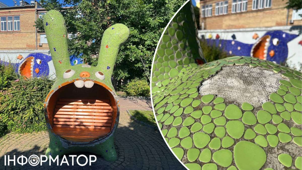 В лавки-"Зайця" між вухами відпав великий пласт мозаїки В лавки-"Зайця" між вухами відпав великий пласт мозаїки