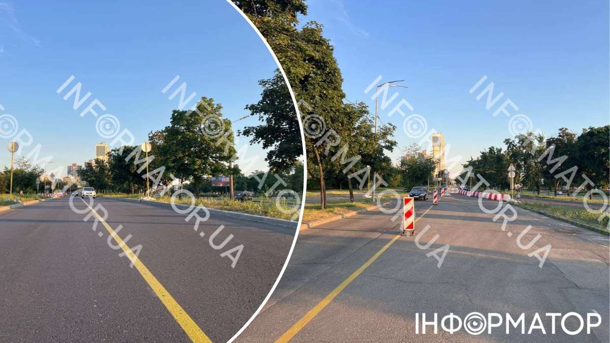 Слева - новенький постеленный асфальт (поверх него, вероятно, еще будут настилать один слой) в направлении Вышгорода, справа - старый участок дороги, по которому осуществляется движение