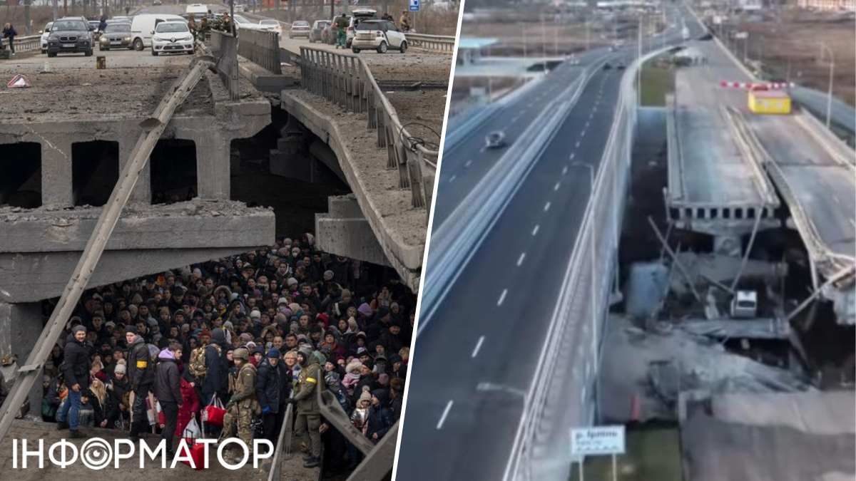 Одна из самых известных фотографий, снятых в самом начале вторжения в феврале 2022-го, - именно под Романовским мостом, где скрывались от обстрела жители Ирпеня