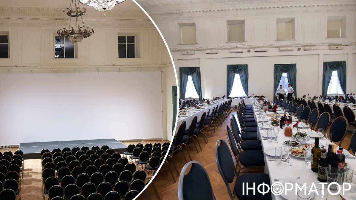 За різних моделей розсадки зала здатна вмістити до 300 гостей ("театральна" модель) та до 110 людей ("столики") За різних моделей розсадки зала здатна вмістити до 300 гостей ("театральна" модель) та до 110 людей ("столики")