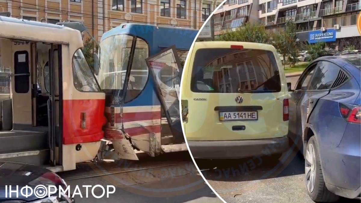 Трамвай не шкодував навіть досить коштовні автівки (на світлині справа - Tesla Model Y), зрештою, він "припаркувався" у інший трамвай, що стояв на зупинці