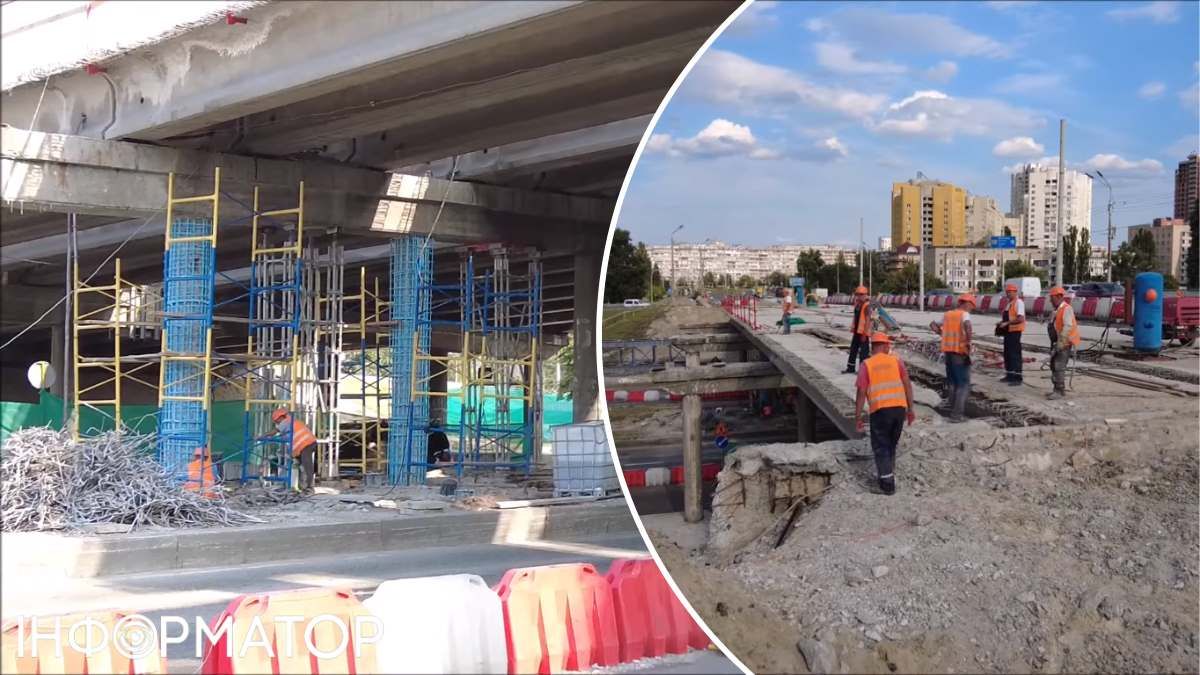 Рабочие готовят к бетонированию две опорные стойки, с которых сняли лишний бетон, и снимают последние балки с этой стороны моста