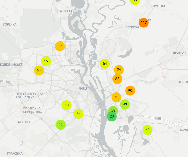 Наразі найгіршою якість повітря є на півночі столиці. Карта від LUN.ua Наразі найгіршою якість повітря є на півночі столиці. Карта від LUN.ua