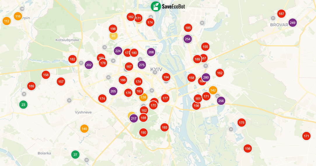 Дані платформи SaveEcoBot станом на одинадцяту годину ранку 20 вересня: найгіршою є ситуація на Лівобережжі, а також у середмісті Києва