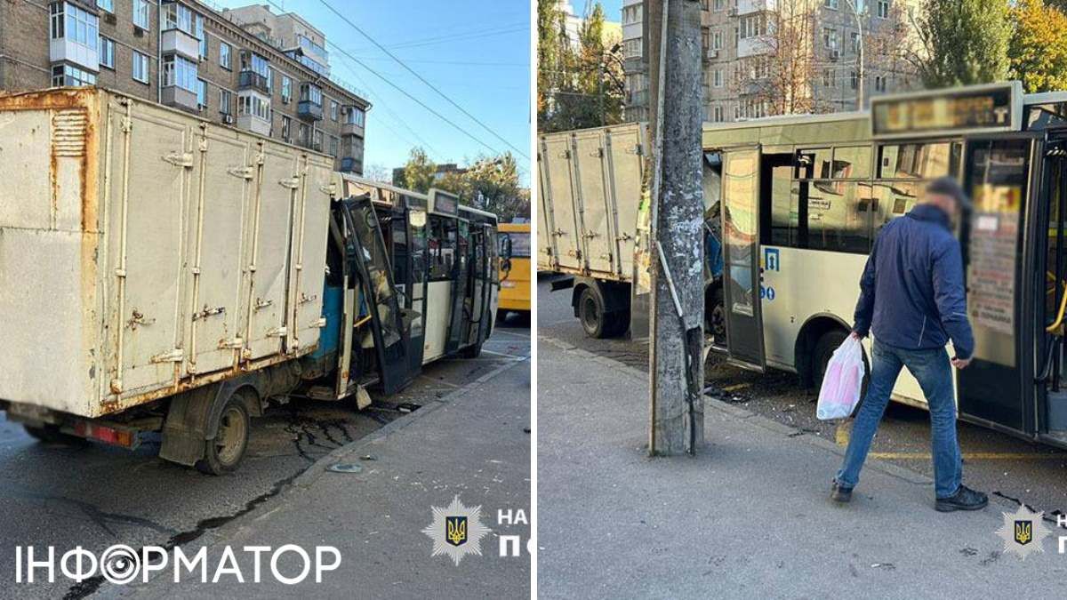"Газель"-хлебовоз влетела в заднюю часть маршрутки, отбросив пассажиров в переднюю часть автобуса. Фото: полиция Киева