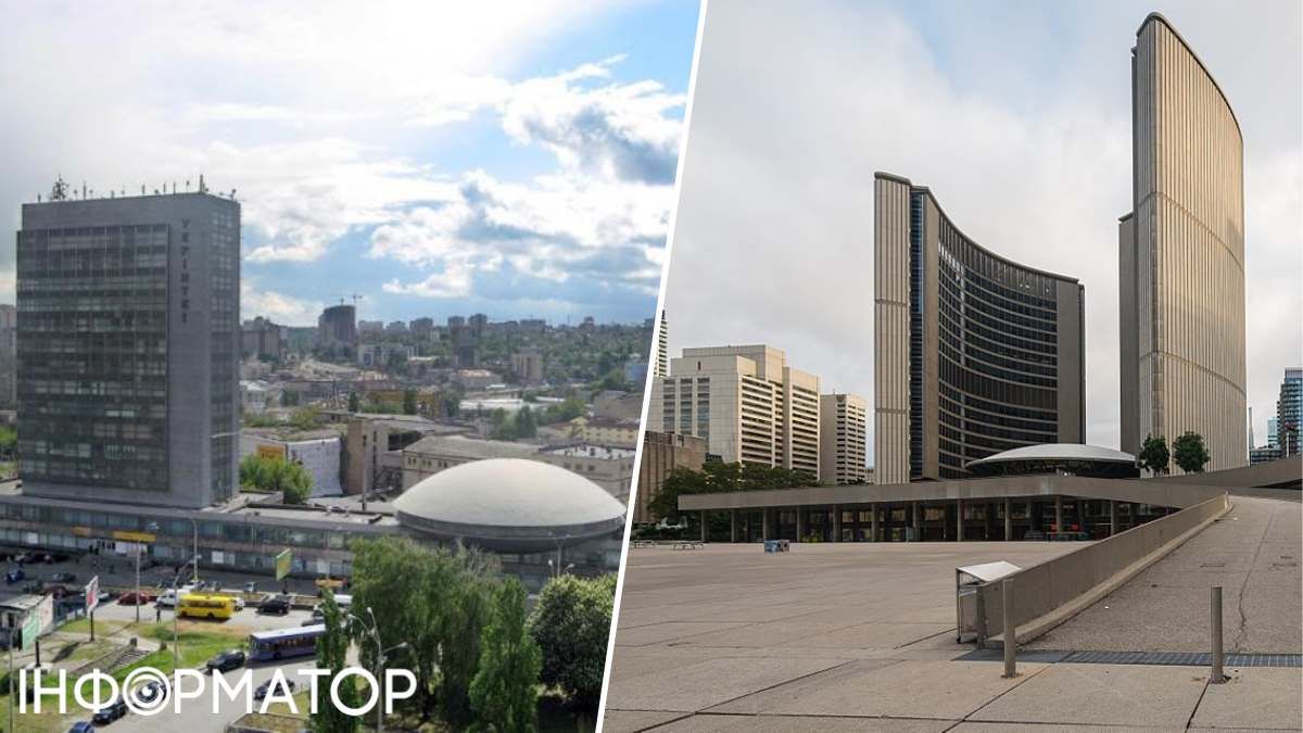Обидві споруди схожі хіба лише наявністю круглої форми, схожу на "літаючу тарілку": зліва - будівля у Києві, справа - мерія Торонто. Фото: Wikipedia