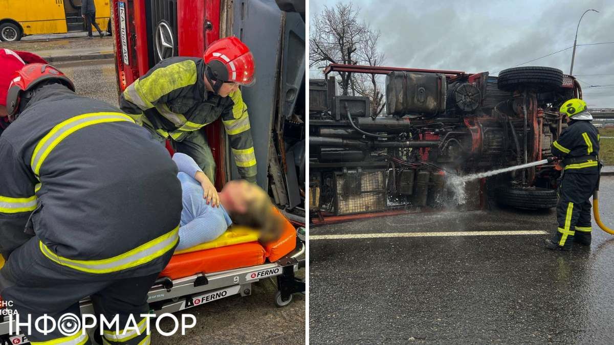 Рятувальники витягли пасажирку, заблоковану в салоні вантажівки, і одразу передали медикам. Фото: ГУ ДСНС у Києві