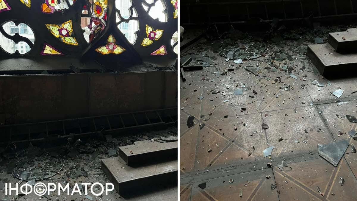 Вітраж посипався просто на підлогу, його залишки показала 