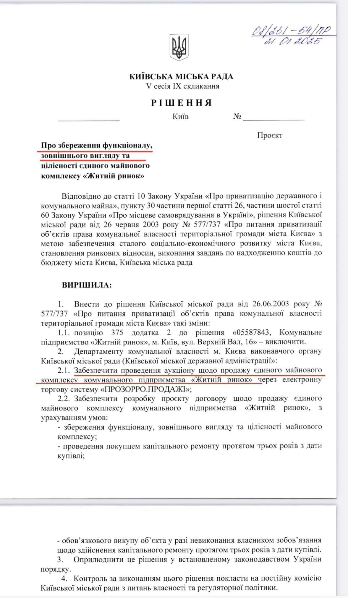 Проєкт рішення щодо продажу Житнього ринку у Києві. Фото: Facebook Геннадія Кривошеї