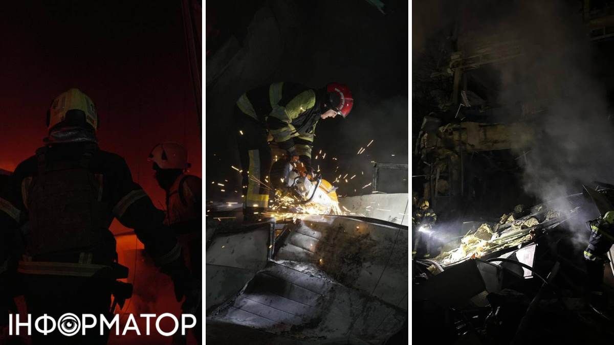 В ДСНС показали, как ликвидируют последствия пожара вследствие попадания обломков в бизнес-центр в Оболонском районе города
