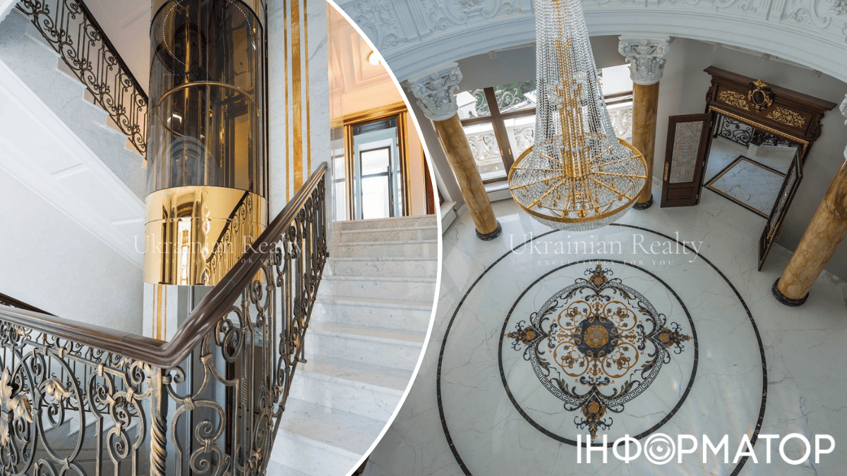 Велику залу прикрашає чотириметрова кришталева люстра, а для тих, хто не хоче бігати сходами, є панорамний ліфт нерух 1