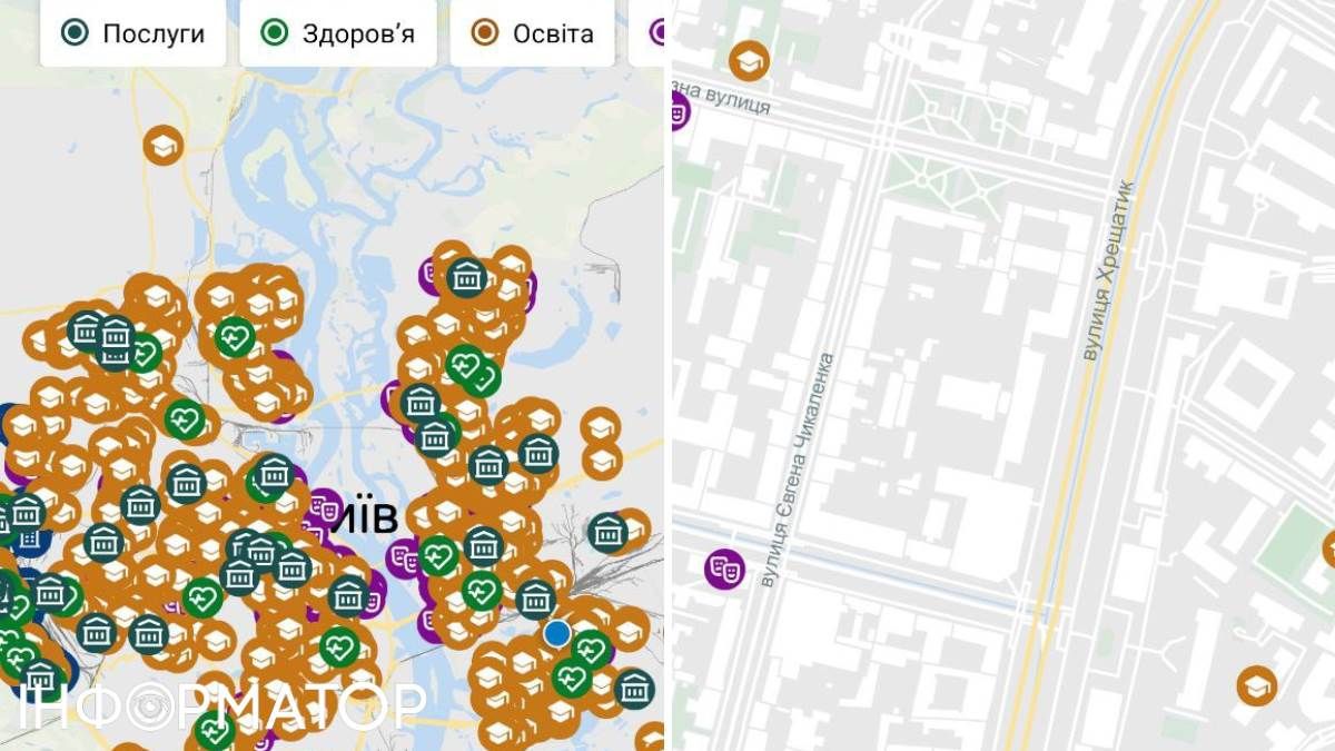 Візуально, якщо віддалити мапу, Київ весь покритий безбар'єрними об'єктами, але на Хрещатику немає жодного - "не обладнана" навіть будівля КМДА