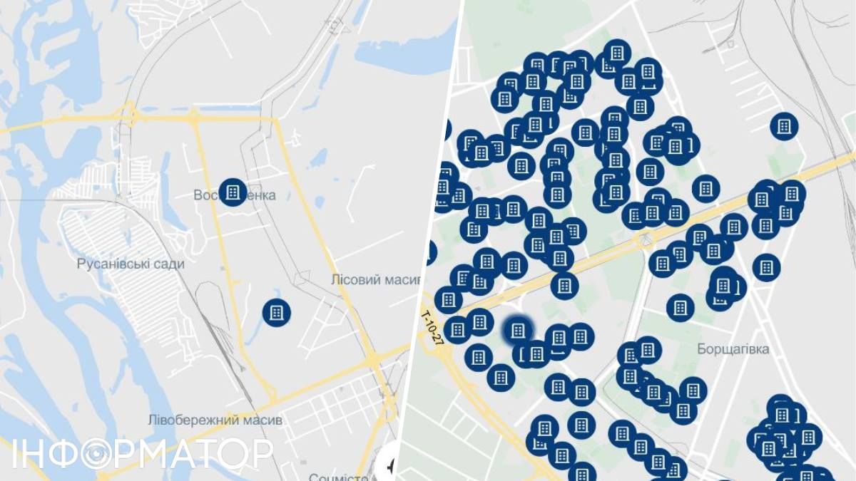То густо, то пусто: з усіх об'єктів інфраструктури, нанесених на мапу, на Лівобережжі - два туалети. А от уся Борщагівка натомість зяє позначками, створюючи враження надуспішного мікрорайону