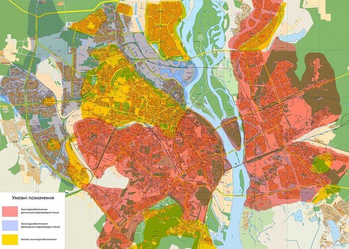 Рожевим кольором позначені райони Києва, що п'ють воду з річки Десна