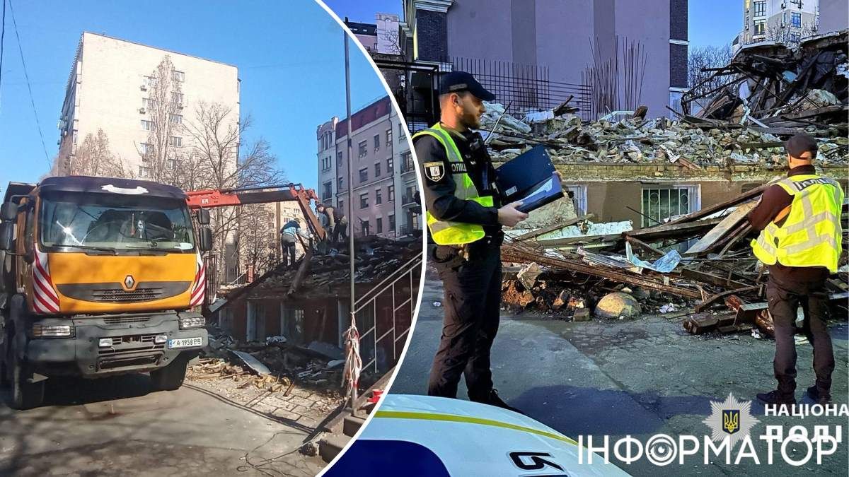 Фото справа - від поліції Києва: на ньому жодні роботи не зафіксовані, а от зліва - фото від активістів, на якому автокран розбирає залишки садиби Фото справа - від поліції Києва: на ньому жодні роботи не зафіксовані, а от зліва - фото від активістів, на якому автокран розбирає залишки садиби