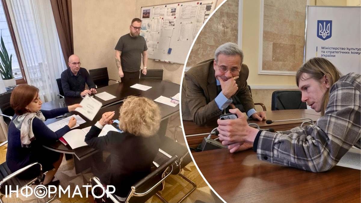 Поки Дмитро Перов переконував Мінкульт у тому, що вже навіть залишки садиби вивозяться забудовниками, ті самі забудовники презентували "дорожню карту" у КМДА (на колажі зліва). Фото: Facebook Дмитро Перов та Олена Старостенко