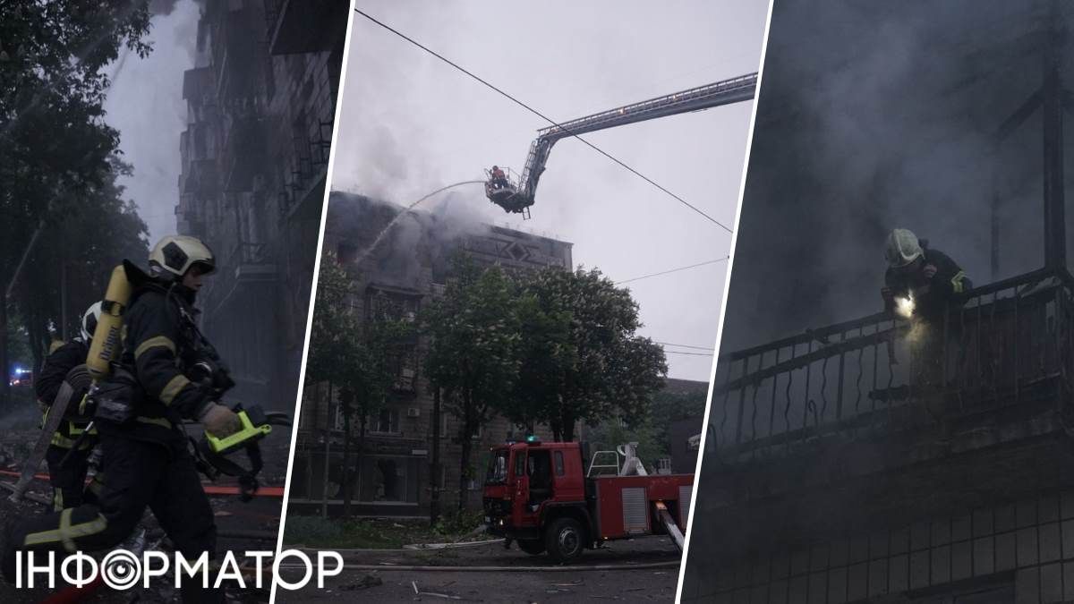 На горішньому поверсі 5-поверхівки зяє діра, пробита уламками безпілотника. Фото: ДСНС