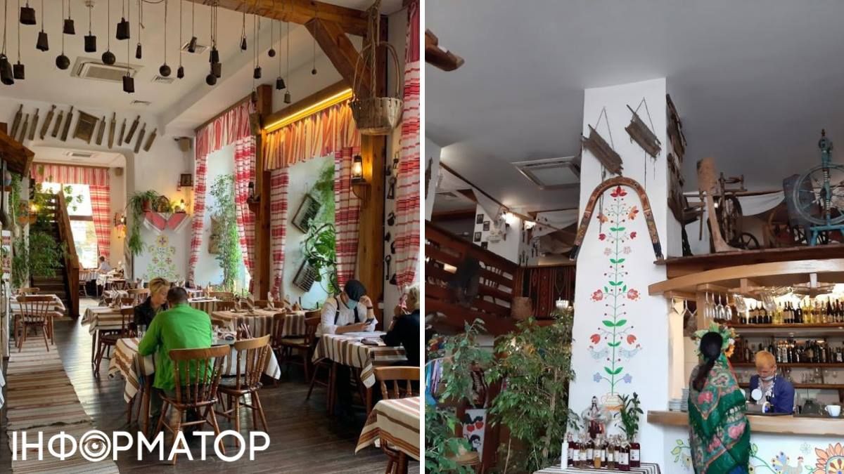 Ресторан української кухні оформлений у стилі хати-мазанки - з домотканими килимами, глечиками на стінах та іншими предметами побуту