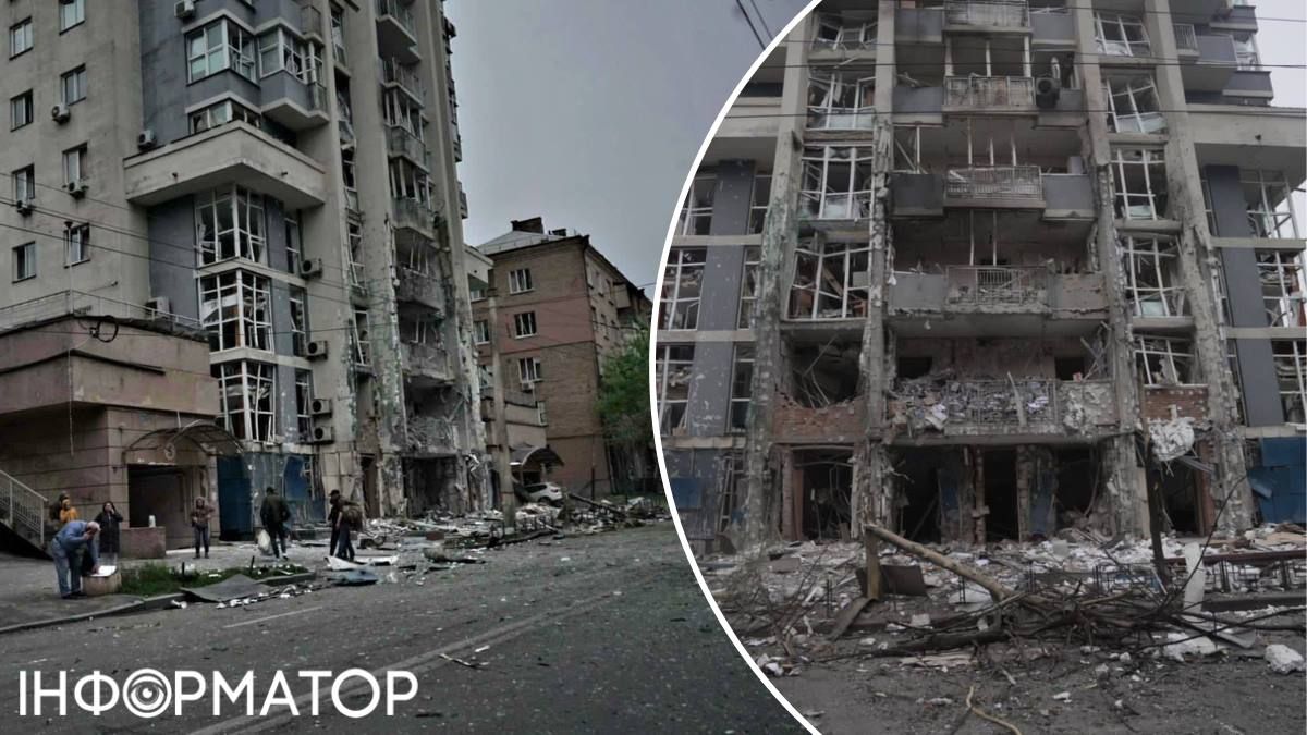 Фасад житлового будинку, пошкоджений під час повітряної атаки Фасад житлового будинку, пошкоджений під час повітряної атаки