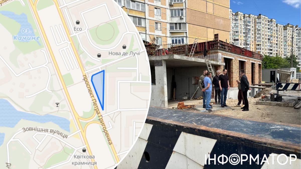 На кадастровій карті ділянка під забудову позначена вузьким клином вздовж просп. Григоренка, навпроти озерець Качине й Жандарка На кадастровій карті ділянка під забудову позначена вузьким клином вздовж просп. Григоренка, навпроти озерець Качине й Жандарка