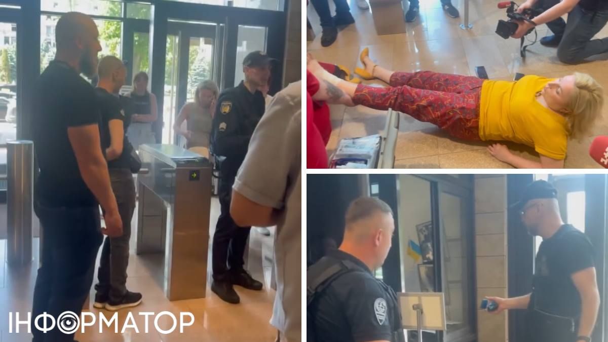 Профспілковиця Наталія Землянська отримувала допомогу від медиків з "швидкої", а Сергій Рудик (у кепці з посвідченням в руці) намагався пройти всередину