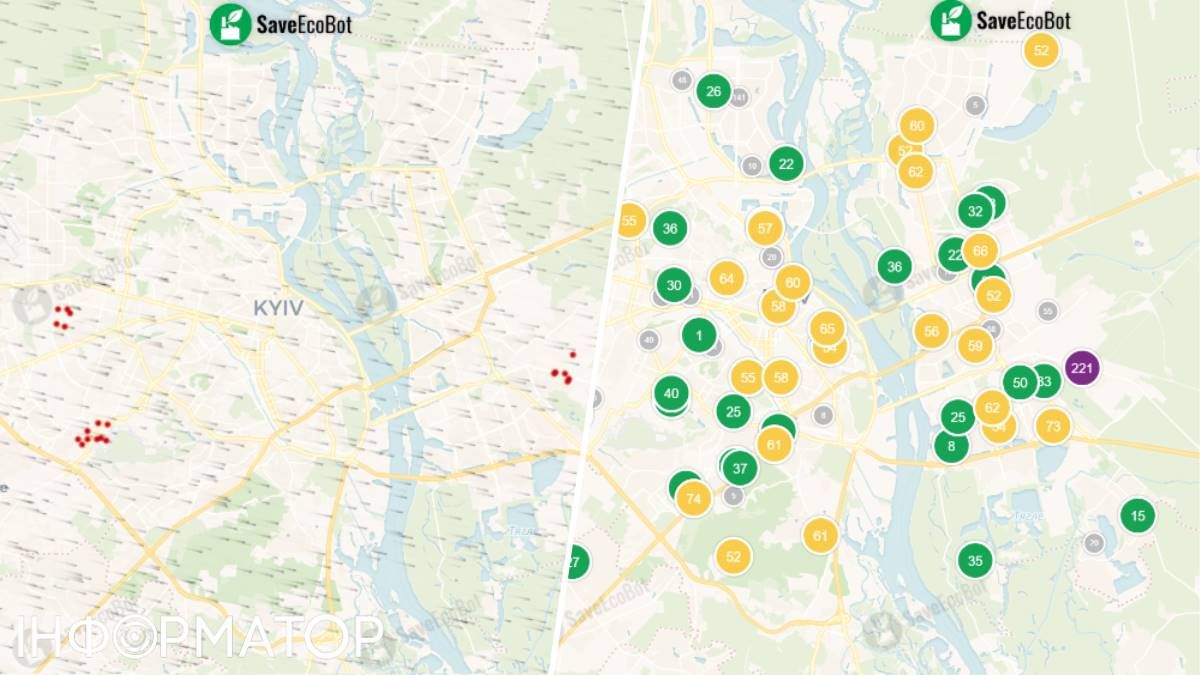 Мапа пожеж свідчить про три вогнища у столиці станом на 15:00, а повітря найгірше на Дарниці