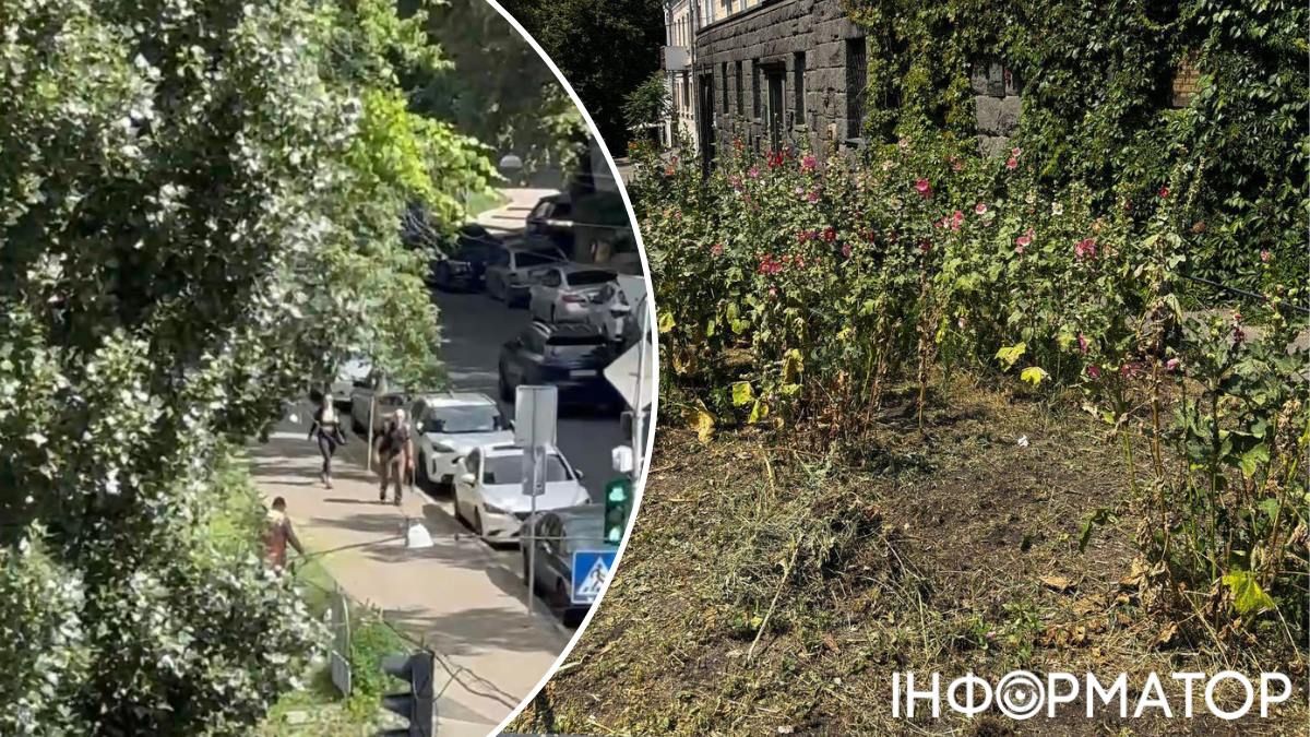 Жителям дома Ролита удалось уберечь хотя бы часть цветника: на фото - "зеленстроевцы", идущие с места конфликта. Фото: Дмитрий Перов