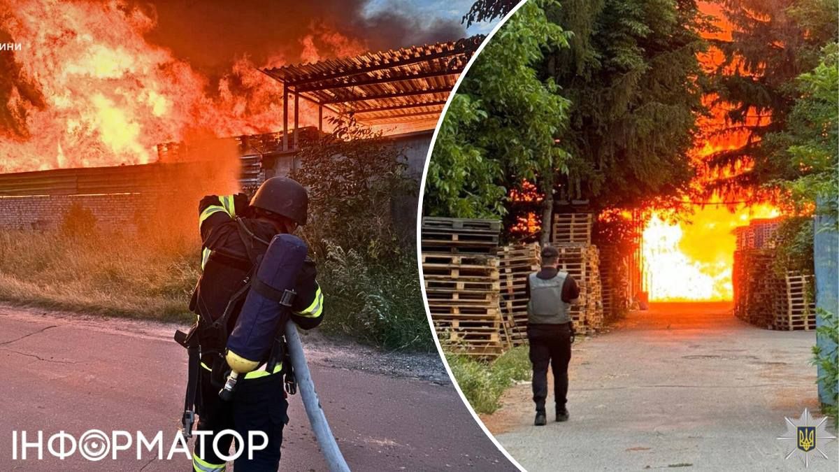 Від атаки на Броварщині загорілося підприємство - палають дерев'яні палети. Фото: ДСНС, поліція Київщини