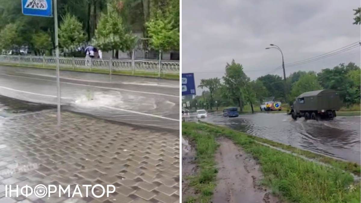 Найперше потоп почався на вулиці Стеценка (справа), а з дощової каналізації біля ТРЦ Respublika Park почали бити справжні "гейзери"