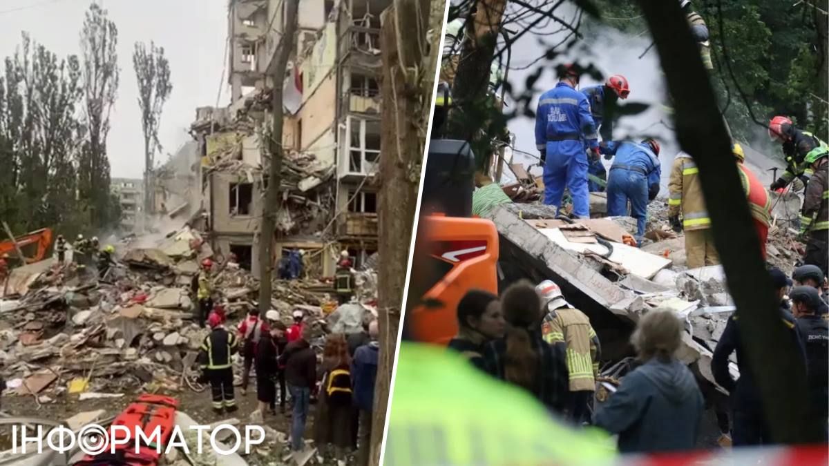 На Святошине прямым попаданием ракеты разрушен подъезд жилого дома на 54 квартиры