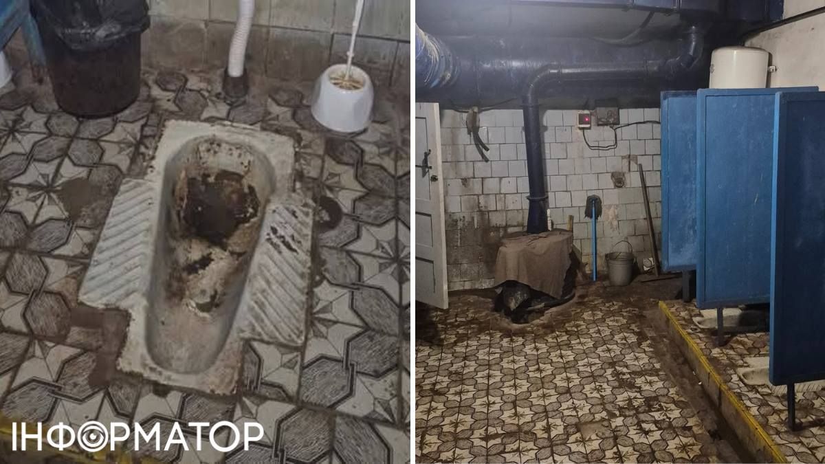 "Кабинки" оснащены древними ершами и ведерками для бумаги, а на стене висит единственное "улучшение" - белый бойлер. Фото: Facebook Дмитрий Касьянов