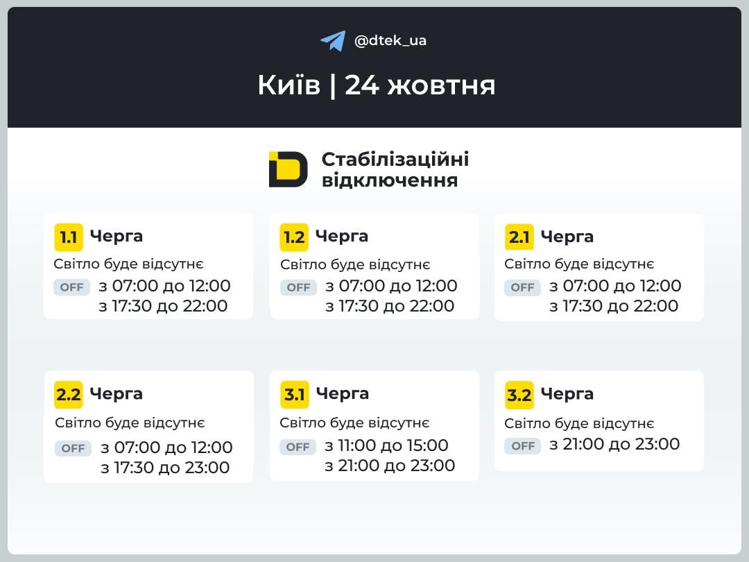 До 11 годин без електроенергії: опубліковано графік для Києва на 24 жовтня 2