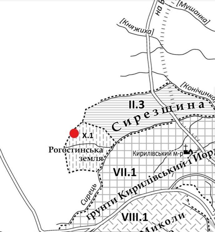 Картосхема місцевості станом на початок XVI століття: червоною крапкою позначено місце розташування майбутньої станції метро "Мостицька" Картосхема місцевості станом на початок XVI століття: червоною крапкою позначено місце розташування майбутньої станції метро "Мостицька"