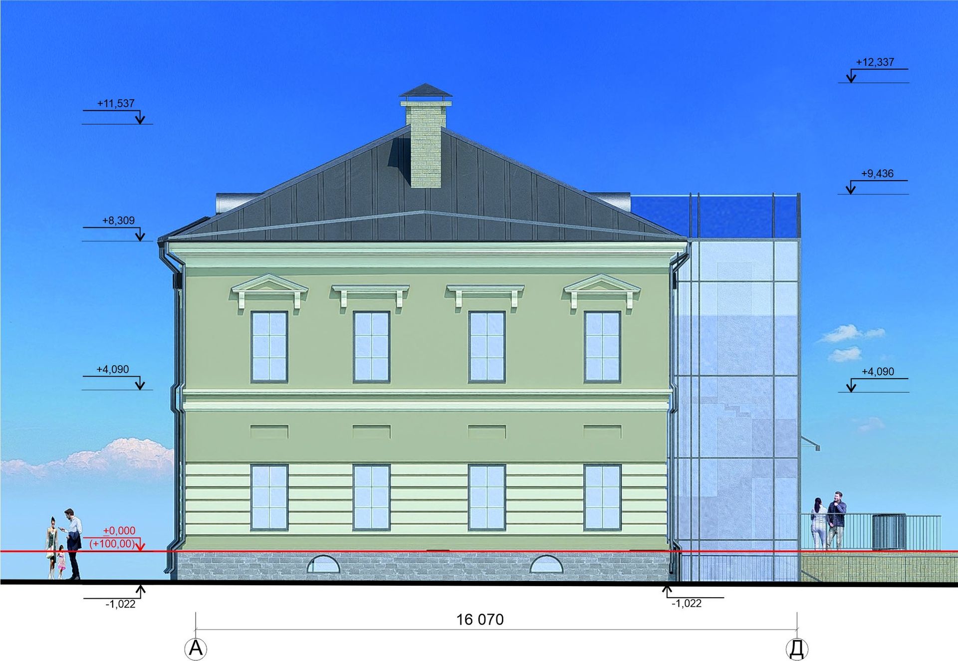 Проєкт реставрації будинку Кисилівського, вид збоку