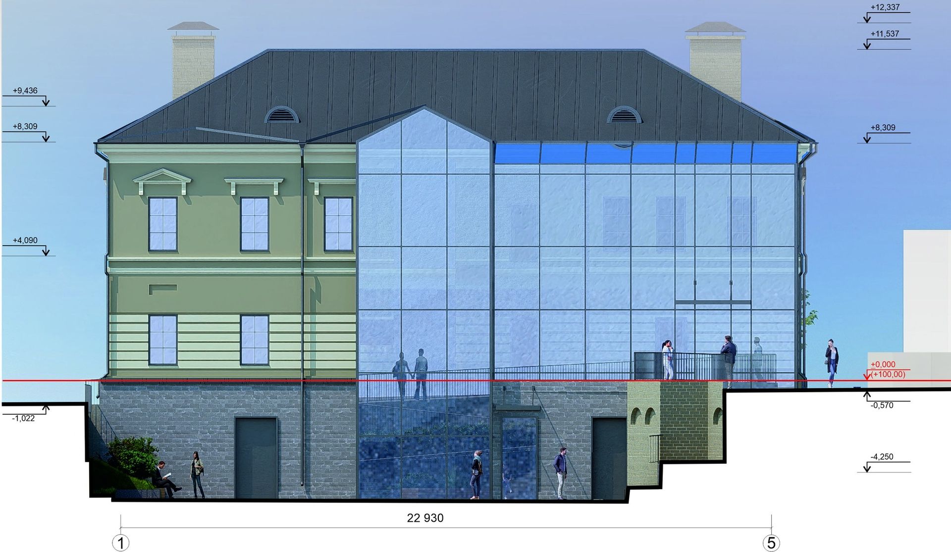 Проєкт реставрації будинку Кисилівського, фасад. Ілюстрація: Національна спілка архітекторів України