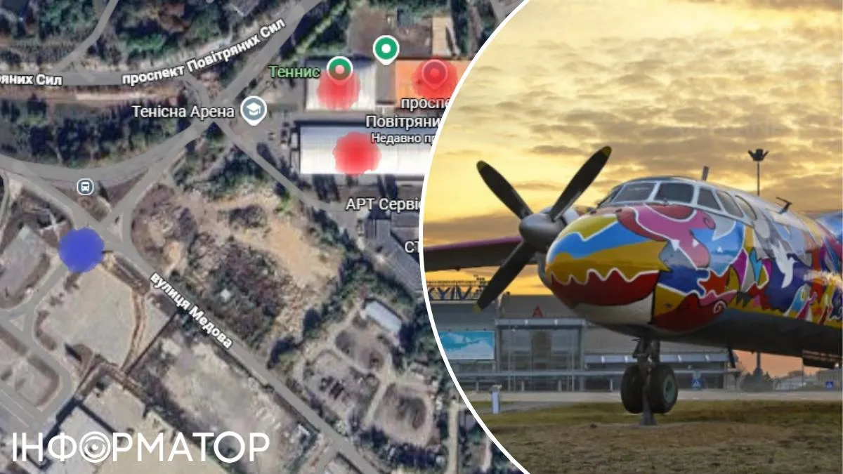 Червоним кольором позначені три будівлі, що розташовані на ділянці "під ТРЦ", а синім - в'їзд до аеропорту "Київ", де нині стоїть розмальований артоб'єкт-літачок