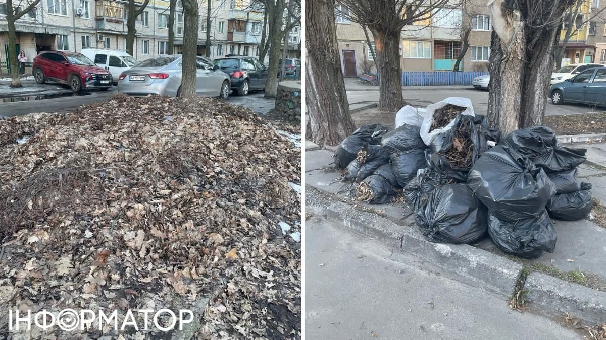 У дворі будинку по просп. Порика, 13А з осені лежить неприбране листя, то купами, то дбайливо зібране у пакети