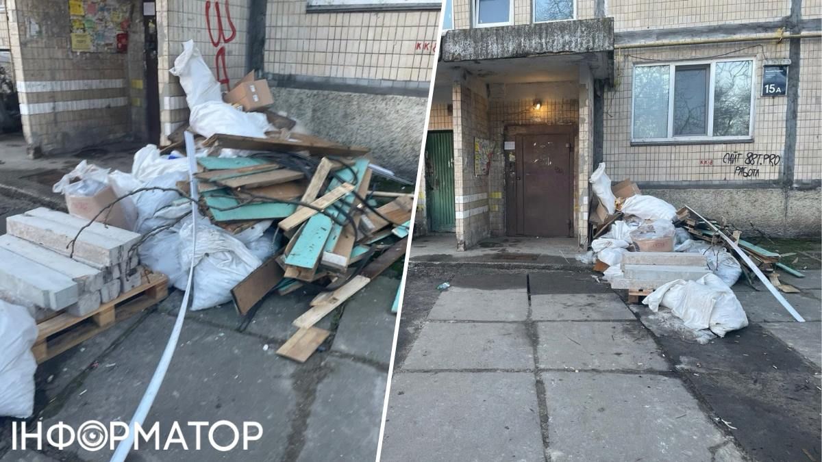 Зате біля під'їздів складовано будівельне сміття: мешканці будинку кажуть, що тут саме ремонтують ліфти, й просять не нарікати на комунальників