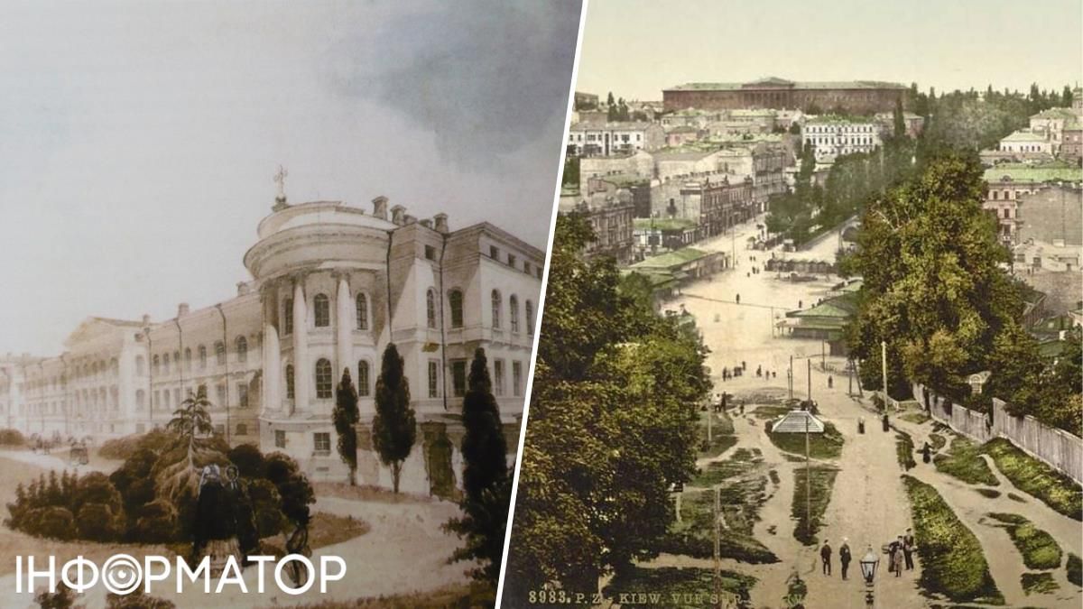 На акварели Михаила Сажина 40-х годов XIX века Красный корпус окрашен еще в белый цвет: позже его сменили на зеленый, а уже через десятилетие он приобрел привычный для киевлян цвет