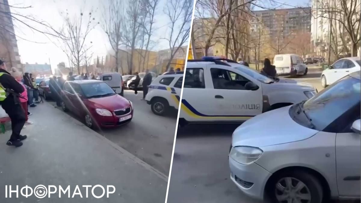 Конфлікт на Троєщині в середині березня 2026-го: місцеві спочатку напали на автівку, якою користувалися військовослужбовці з ТЦК та СП, а тоді змусили її від'їхати. Скріншоти з відео у соцмережах