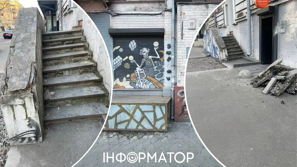 Поряд - трешові ґаночки й фасади, а ще - розриті ще взимку тротуари з акуратно складеним поряд асфальтом: ями ніхто й не думав асфальтувати