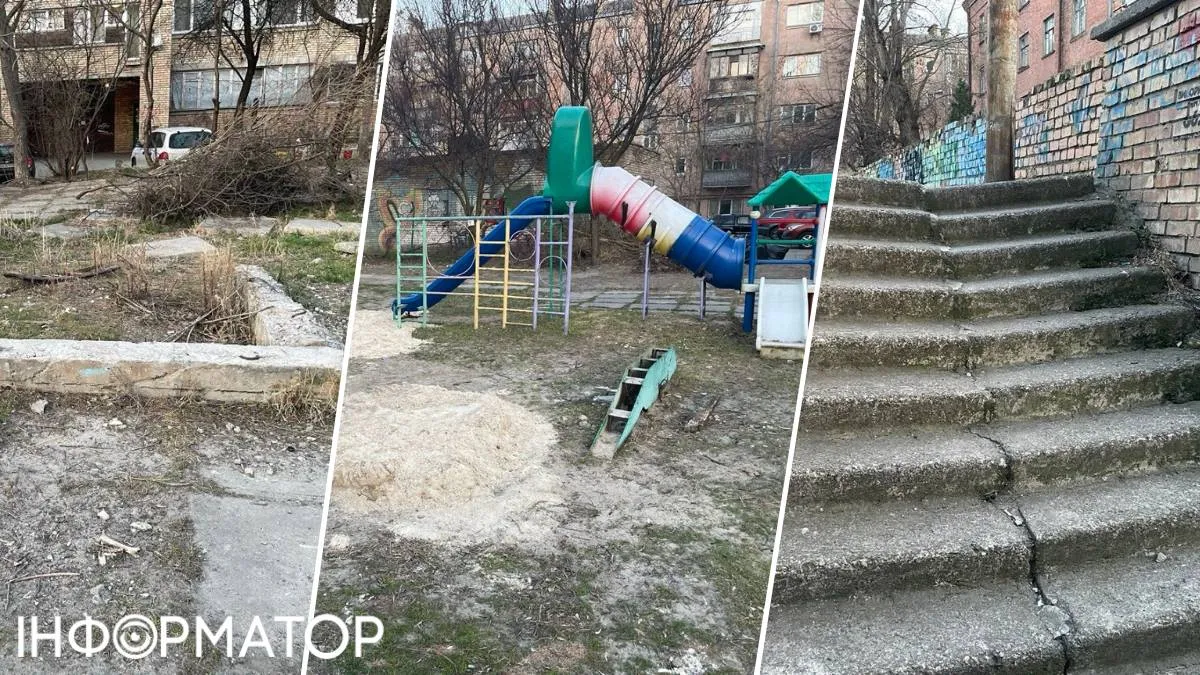 У занедбаному дворику - якісь бетонні конструкції, чи то клумби, чи то фонтану, а ще - "вбитий" дитячий майданчик