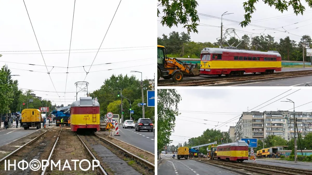 У травні 2025-го трамвай МТВ-82 РЗВ-2 працював на вул. Остафія Дашкевича, де сталася аварія на мережі теплопостачання. Фото: transphoto.org, Киевский Чаёк