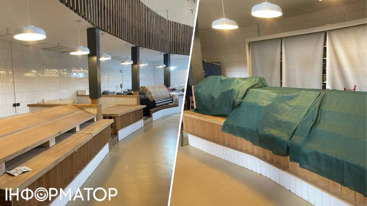 Деякі прилавки були закриті щільною зеленою матерією, а інші — взагалі вільні від товарів