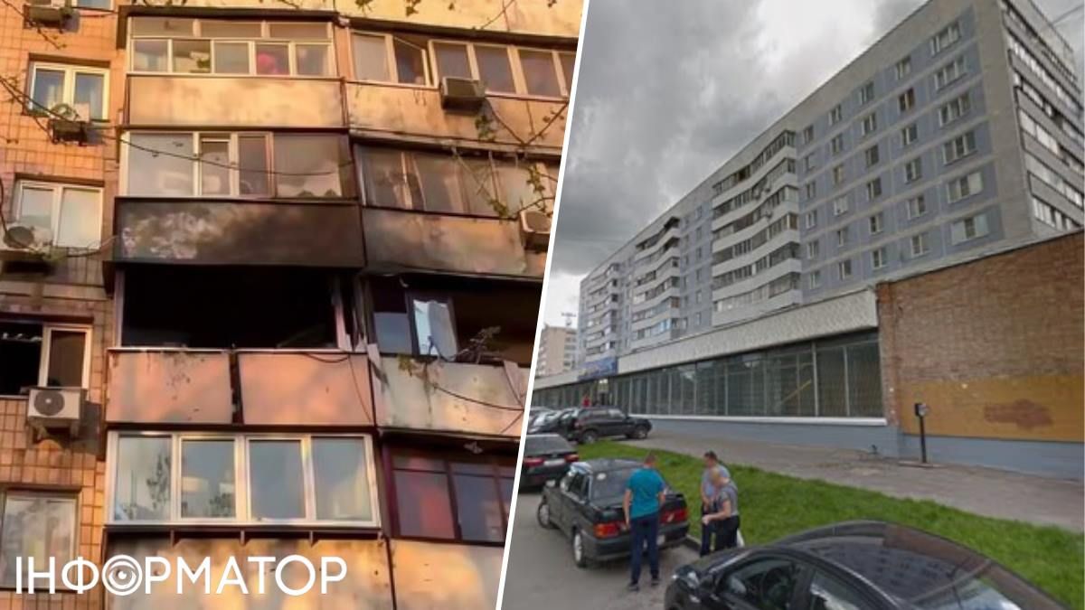 Фасад вигорілої квартири Васильченкова на Деміївці та будинок у Рязані (РФ), де той мешкав з 2016 по 2017 роки