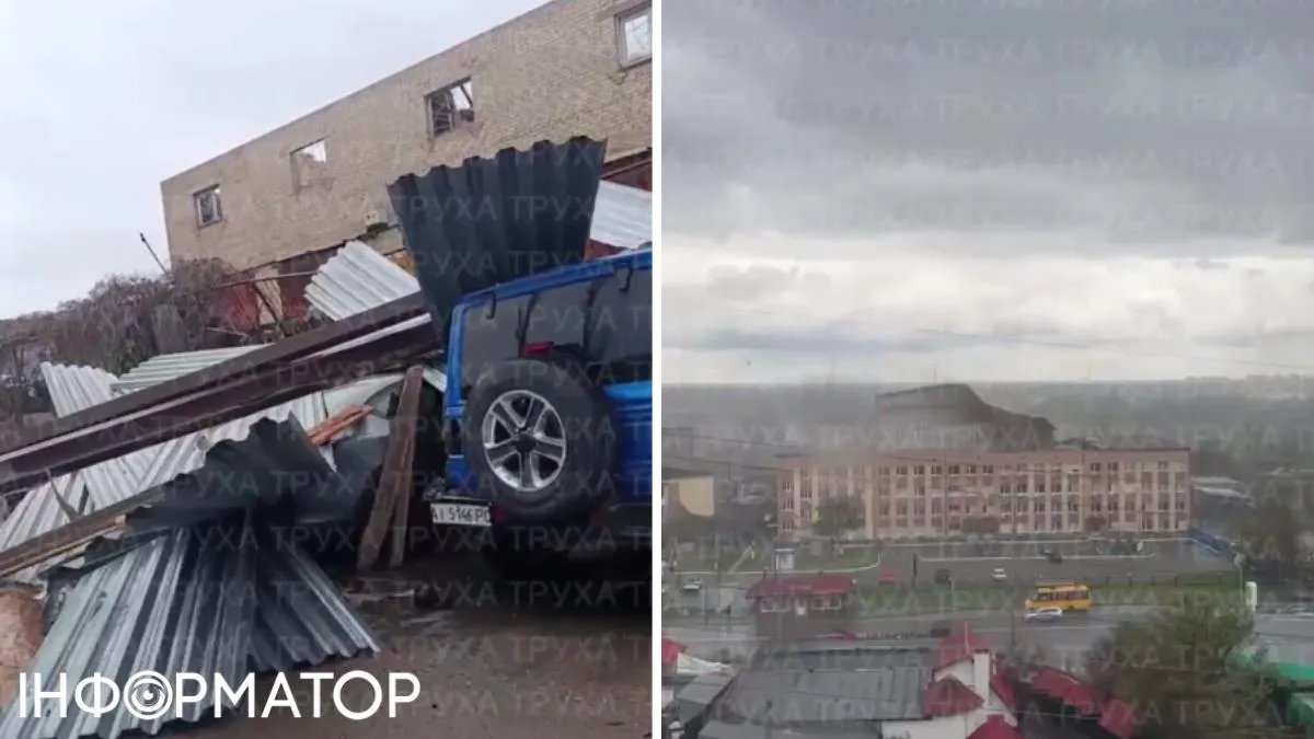 У Києві та області вітер зривав дахи з будинків: на стоп-кадрах з відео - такі випадки у Софіївській Борщагівці й Вишгороді, де без даху лишилася 4-поверхова адмінбудівля